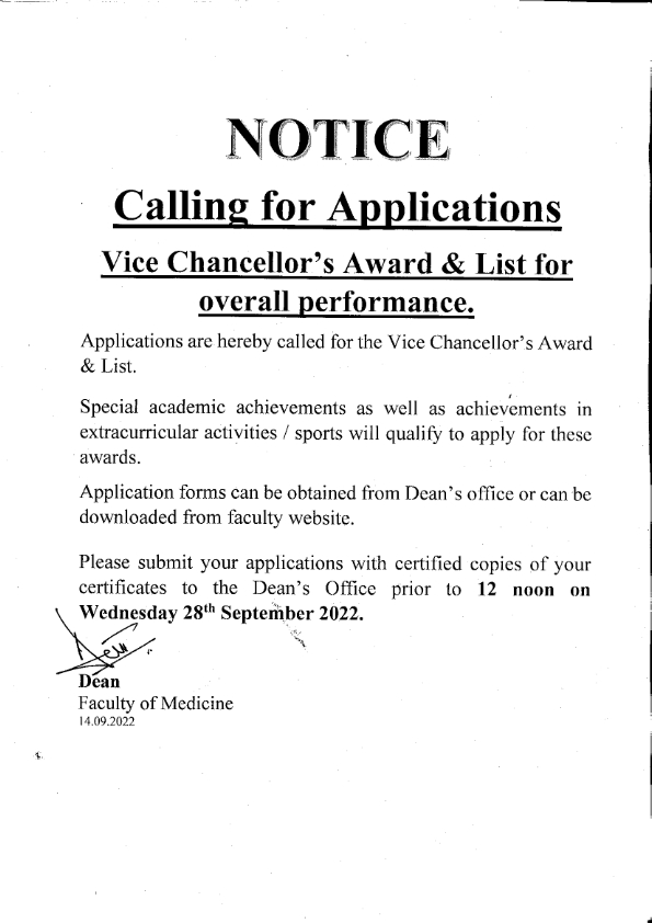 NOTICE - Calling for applications VC's Award & List