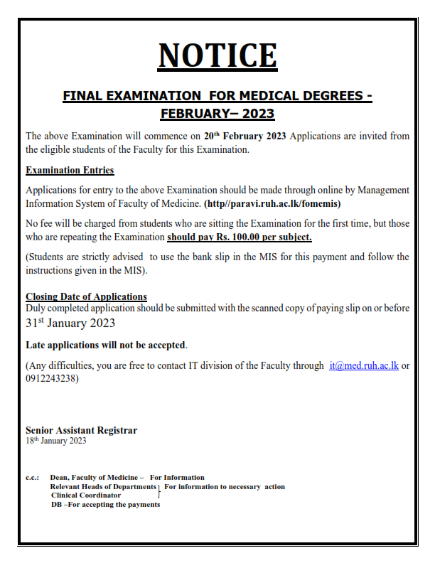 NOTICE FINAL EXAMINATION FOR MEDICAL DEGREES - FEBRUARY– 2023