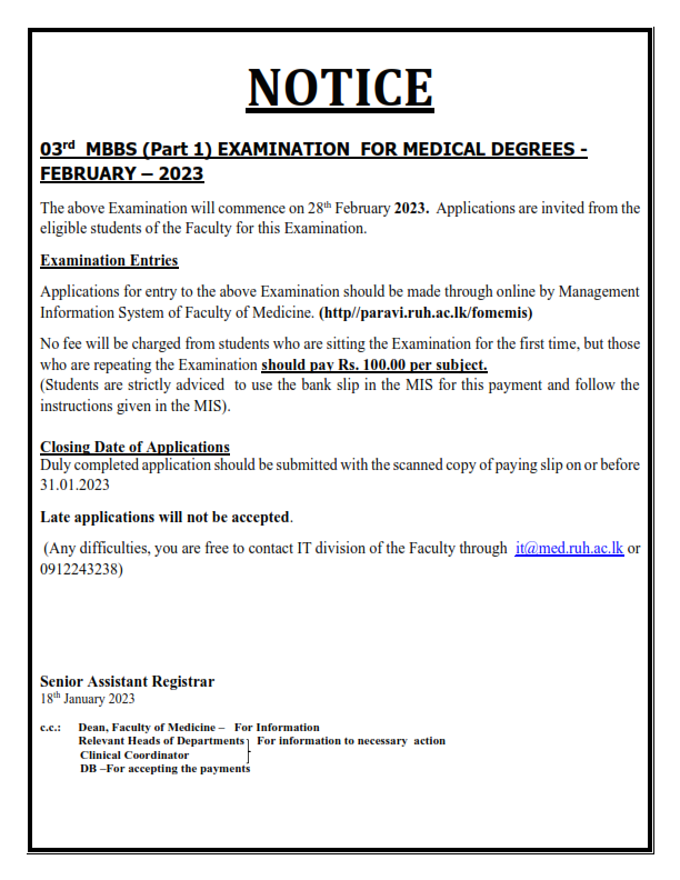 NOTICE 03rd MBBS (Part 1) EXAMINATION FOR MEDICAL DEGREES - FEBRUARY – 2023